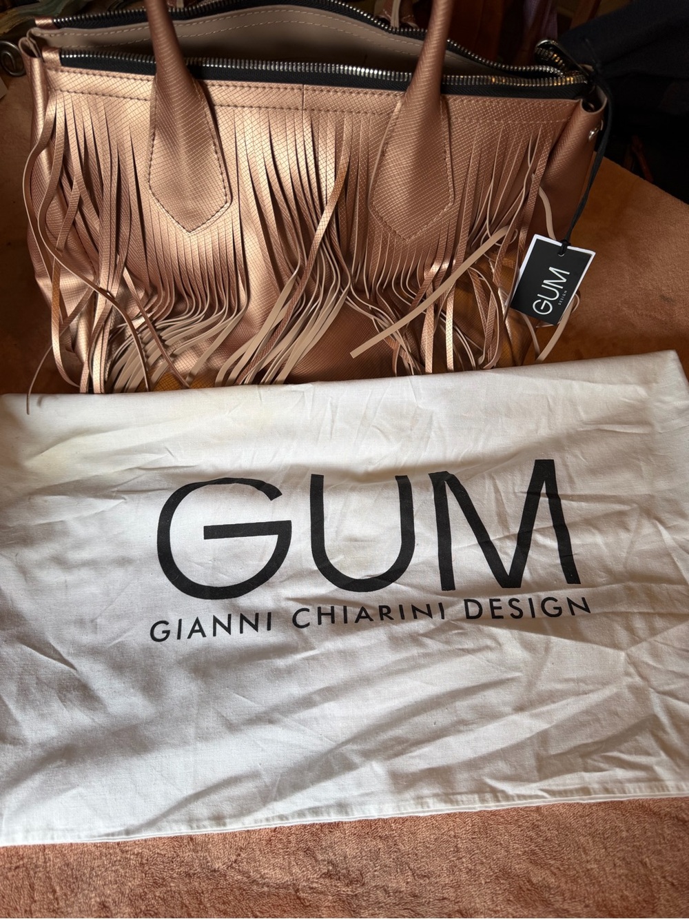 by Gianni Chiarini Rose Gold Fringe Leather Hobo Bag